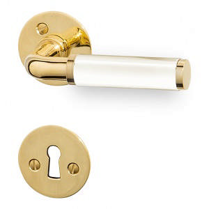 Deurkruk Funkis 383 met set (1980+81) Messing Gepolijst Zonder lak Wit Bakeliet Ø2