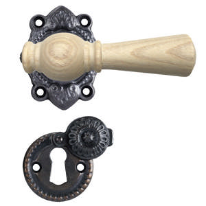 Deurkruk Østerbro 670, Oudere deuren, Essenhouten greep, Geoxideerd Zwart