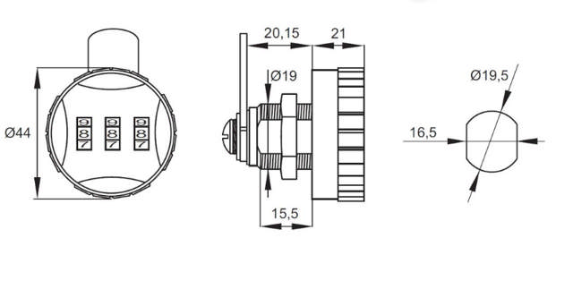 Siso codeslot Ø44MM zwart/grijs 19x16 mm met 15 mm schroefdraadlengte.